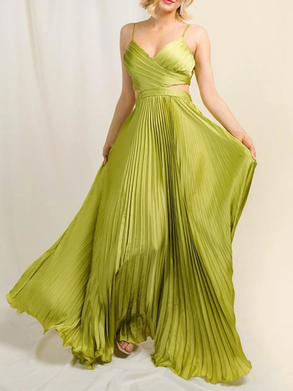 Lime Green Pleated Cutout Formal Wedding Party Maxi Dress 12
